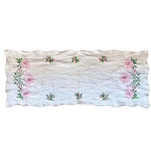 Vintage Linen Embroidered Cross Stitch Table Runner Dresser Scarf 14"x 35" READ